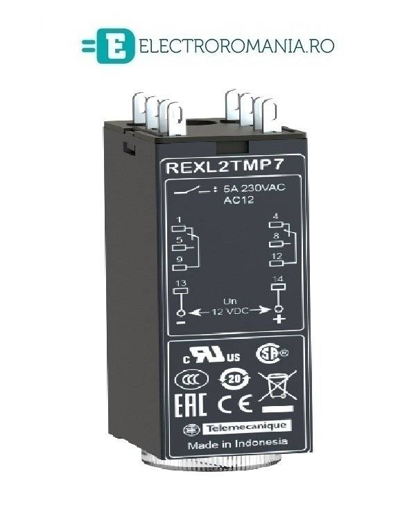 REXL2TMP7, releu de timp in miniatura de tip on-delay Schneider, 230 V AC (50/60 Hz), 2 C/O, 5A la 250 V AC