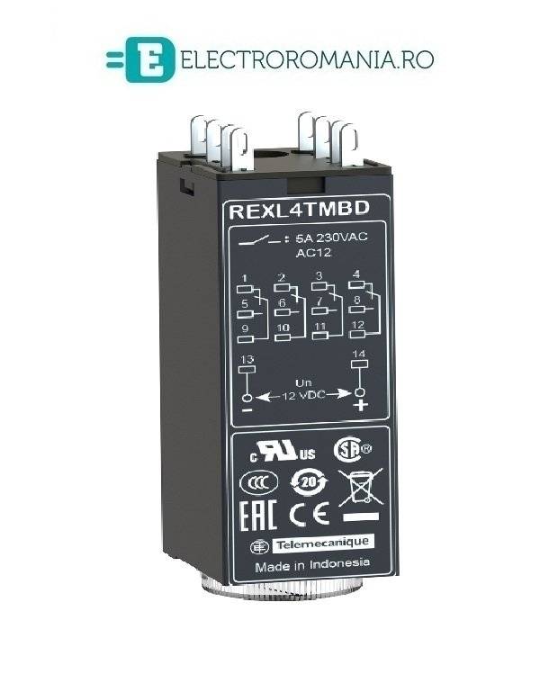 REXL4TMP7, releu de timp in miniatura de tip on-delay Schneider, 230 V AC (50/60Hz), 4 C/O, 5A
