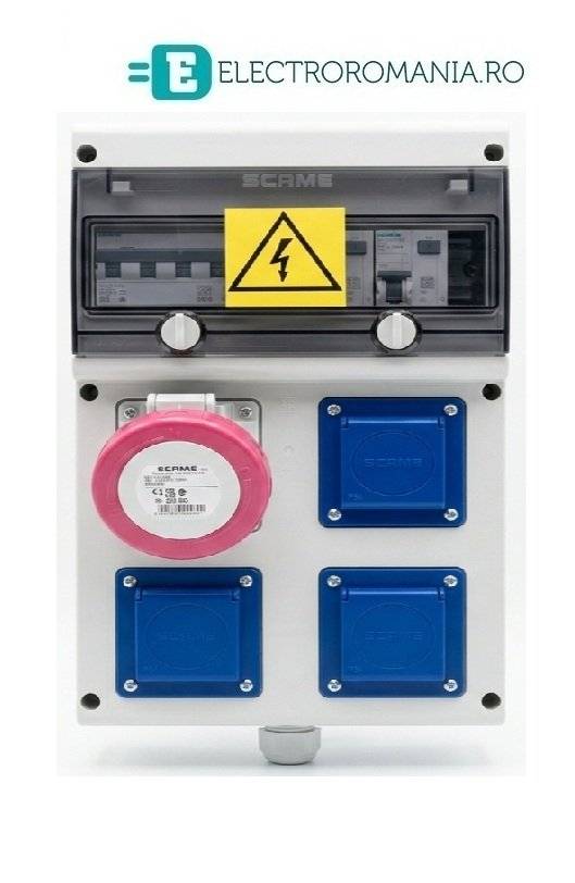 TABLOU ELECTRIC (ORGANIZATOR SANTIER) SCAME, ECHIPAT COMPLET, 3 X PRIZE MONOFAZATE, 1 X PRIZA TRIFAZATA, SIGURANTE DIFERENTIALE RCBO SIEMENS, GRAD DE PROTECTIE IP44/IP54